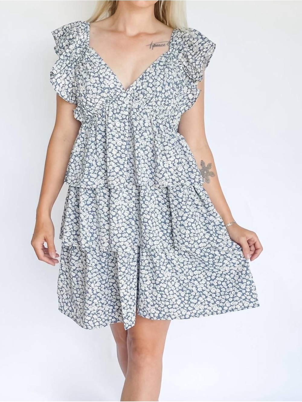 Doe & Rae Blue and White Floral Tiered Mini Dress
